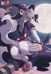 2024 anthro anus artist_name balls broom broom_riding canid canine cleaning_tool clothing dated eyebrow_piercing facial_piercing fangs femboy fur glistening glistening_eyes hat headgear headwear hi_res looking_at_viewer male male_anthro mammal moon multiple_piercings night open_mouth open_smile outside pawpads piercing presenting presenting_anus presenting_balls purple_clothing purple_hat purple_headwear purple_topwear red_eyes red_pawpads smile solo teeth text topwear vesper_art white_body white_fur witch_hat