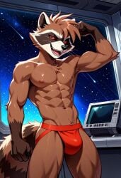 abs ai_generated anthro anthro_male biceps blush brown_hair flexing_arms furry gay jockstrap jockstrap_only looking_at_viewer male male_only marvel marvel_rivals mohawk muscular muscular_male nipples nude_male open_mouth pecs red_eyes rocket_raccoon rocket_raccoon_(marvel_rivals) smile toned_body toned_male twall97