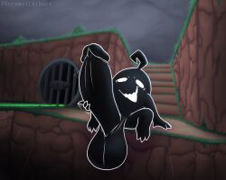 1boy background balls detailed_background huge_balls huge_penis hyper_balls hyper_penis krobus_(stardew_valley) male masturbation monster monster_boy outdoor_nudity outdoors penis penis_out raining shadow_monster solo_male stardew_valley waddling_head werewolf_albert