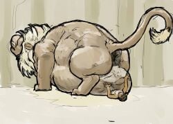 2012 all_fours anthro anus ass balls big_anus big_balls black_anus blonde_mane brown_body brown_fur brown_hair colored crouching domestic_cat duo extreme_size_difference felid feline felis feral fur genitals guide_lines hair huge_anus huge_balls hyper hyper_balls hyper_genitalia jeri_kleinlowe lion macro male male/male mammal mane micro morbidly_obese obese overweight pantherine puffy_anus raised_tail rear_view size_difference struggling tail tail_tuft tan_body tan_fur tan_mane tuft under_balls