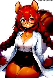 ai_generated brown_fur cleavage cute cute_face eternal_oak furry furry_female glasses lab_coat mabel_maplebottom office_clothing red_eyes red_hair squirrel thick_glasses twin_braids