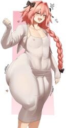 1boy astolfo_(fate) black_bow blushing bow braided_ponytail bulge bulge_through_clothing collarbone dongtan_dress dress eyes_half_open fang fate_(series) femboy girly huge_ass huge_thighs impossible_clothes impossible_dress long_sleeves looking_at_viewer male male_only motion_lines mouth_open nipple_bulge nipple_outline pink_eyes pink_hair seductive_eyes seductive_look simple_background sleeves_past_wrists stackydraws textless thick_thighs tight_clothing tight_dress voluptuous voluptuous_male