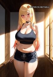 "arm_behind_back" a ai_generated and arm_behind_back backgrounds bare_shoulders black_nails black_shorts blonde_hair blush breasts capture change character choker cleavage clothing collarbone cowboy_shot crop_top curvy dolphin_shorts effects female here huge_breasts i is jewelry kitag_marin large_breasts lips long_hair looking_at_viewer meitabuu midriff navel note parted_lips plump re-processed; re-read red_eyes removed short_shorts slight solo sono_bisque_doll_wa_koi_wo_suru standing stomach tags. tank_top that thick_thighs thighs to visual wide_hips