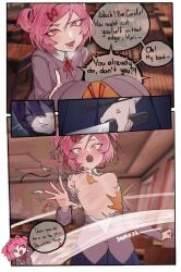 2girls accessory anger_vein angry areola areolae bangs big_breasts blurry_background blush breasts busty classroom clothed clothing constricted_pupils cut_clothes depth_of_field dialogue doki_doki_literature_club embarrassed embarrassed_naked_female embarrassed_nude_female enf english_text exposed exposed_breasts exspiravitbag fang female female_only hair_accessory hair_ornament hairclip holding holding_knife holding_object indoors knife large_breasts light-skinned_female light_skin lip_fang matching_hair/eyes multiple_girls naked natsuki_(doki_doki_literature_club) nipples no_bra nude open_mouth perky_breasts petite pink_eyes pink_hair purple_eyes purple_hair school_uniform short_hair slim small_breasts solo_focus speech_bubble surprised surprised_expression swept_bangs talking talking_to_another taunting teasing text tied_hair torn_clothes torn_clothing torn_topwear twintails twintails_(hairstyle) uniform yuri_(doki_doki_literature_club)