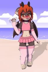 3d_(artwork) absurd_res anthro balls beach blender_(artwork) blender_eevee blush bottomwear camisole chastity_cage chastity_device clothed clothing collar cuck_collar cuckold digital_media_(artwork) dragon embarrassed embarrassed_male femboy fingers fur genitals gesture hair hi_res horn legwear looking_at_viewer male miniskirt mythological_creature mythological_scalie mythology navel nolan_the_cuck nolanhaldam open_mouth outside penis sand scalie sea seaside shirt skirt smile solo standing submissive thigh_highs topwear warmers water waving waving_at_viewer wings
