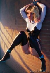 1girls ai_generated bondage bottomless bottomless_female captured captured_heroine cartoonlabsx cartoony female gwen_stacy gwen_stacy_(spider-verse) helpless helpless_girl helpless_superheroine heroine light-skinned_female light_skin marvel marvel_comics naked nude nude_female pussy restrained restrained_arms restraints shocked shocked_expression shocked_eyes spider spider-gwen spider-man:_into_the_spider-verse spider-man_(series) straight superheroine tied_down tied_up