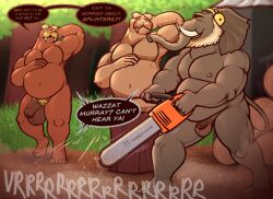 2025 anthro areola balls balls_size_difference beard belly belly_overhang biceps big_balls big_belly big_muscles big_penis chainsaw creating_art daxhush day dialogue dirt duo electronics elephant elephantid eyebrows facial_hair flaccid foreskin forest fur genitals glans grass hand_behind_head headphones hi_res holding_chainsaw holding_object holding_power_tool holding_tool humanoid_genitalia humanoid_penis log male male/male mammal marine mature_anthro mature_male modelling motion_lines moustache murray_(daxhush) musclegut muscles muscular muscular_anthro muscular_male navel nipples nude outside overweight overweight_anthro overweight_male pecs penis penis_size_difference pinniped plant plantigrade pose power_tool proboscidean proboscis_(anatomy) pubes sculpture smile sound_effects standing thick_arms thick_penis thick_thighs tools tree trunk_(anatomy) tuft tusks uncircumcised unretracted_foreskin walrus wood wood_carving