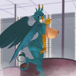 1:1 2020 anthro areola ass avian big_ass big_breasts biped blue_body blue_eyes blue_feathers blue_fur breasts clothed clothing digital_media_(artwork) feathers female friendship_is_magic fur gallus_(mlp) gryphon hasbro huge_breasts kevinsano looking_at_viewer looking_back looking_back_at_viewer mtf_crossgender my_little_pony mythological_avian mythological_creature mythology nipples on_one_leg open_mouth open_smile pawpads rule_63 sideboob smile solo standing thong topless underwear