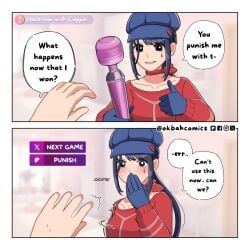 2koma blue_gloves blue_hat blush cabbie_hat cappie_(miside) choker comic cool_mita_(miside) covering_mouth embarrassed english_text female gloves hat hitachi_magic_wand long_hair male male_pov miside mita_(miside) ok_bah_comics player_(miside) ponytail pov pov_hands red_choker red_sweater sweater thumbs_up