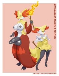anthro braixen breasts canid canine delphox duo eroticonnection etan fire fox fur futanari game_freak generation_6_pokemon genitals herm hi_res humanoid intersex mammal nintendo penis pokemon pokemon_(species) red_eyes stick vein veiny_penis yellow_body yellow_fur
