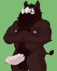 angry anthro arm_hair balls beard belly body_hair brown_body chest_hair cracking_knuckles digital_media_(artwork) eyewear facial_hair facial_piercing fluffy_balls foreskin frown frowning_at_viewer genital_piercing genitals glasses happy_trail humanoid looking_at_viewer male mammal monotone_background moustache myuger nipple_piercing nipples nose_piercing nose_ring nude password_(visual_novel) penis penis_piercing piercing pixel_(artwork) pubes regis_(password) ring_piercing slightly_chubby solo suid suine sus_(pig) tail tusk_ring tusks uncircumcised wild_boar