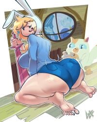 adventure_time background big_ass big_breasts bubble_butt bunny_ears cake_the_cat feet fionna_and_cake fionna_the_human_girl ice_queen_(adventure_time) looking_at_viewer looking_back weapon wirelixe