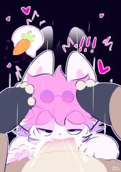absurd_res anthro balls blush bodily_fluids canid canine cum cum_drip cum_in_mouth cum_inside cum_on_face cumshot digital_media_(artwork) dripping duo ejaculation english_text erection fellatio fritz_(winteriris42) fur genital_fluids genitals hair hi_res humanoid_genitalia humanoid_penis hybrid lagomorph leporid male male/male male_penetrated male_penetrating male_penetrating_male mammal nude oral oral_penetration penetration penile penile_penetration penis pink_body pink_fur rabbit sex simple_background text white_body white_fur winteriris42
