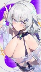 absurdres airseal breasts celestia_(strinova) closed_mouth collarbone female fingernails grey_hair hair_ornament hairclip hand_on_own_hip highres inverted_nipples large_breasts long_hair looking_at_viewer midriff nail_polish navel pink_eyes purple_nails solo strinova sweat v