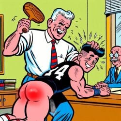 1:1 3boys accurate_art_style age_difference ai_generated archie_comics ass bald basketball basketball_uniform black_hair black_tank_top formal_wear gay glasses male male_only matt_(artist) moustache muscular older_male reggie_mantle spank_marks spanking suit_and_tie tagme tank_top white_hair yaoi young