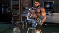 1boy 1male aureesfm big_nipples big_pecs black_hair captured chris_redfield erect_nipples full_body gay half-dressed male male_focus male_only muscles muscular muscular_male nipples pants pants_only pecs pectorals resident_evil resident_evil_5 small_bulge solo solo_focus solo_male