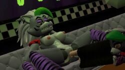 1girls animatronic big_breasts breasts canon_appearance couch dyed_hair ears eyes_rolling_back female female_only five_nights_at_freddy's five_nights_at_freddy's:_security_breach fuck_machine fucking_machine gooberrealm green_hair green_highlights grey_body grey_fur grey_hair long_hair looking_pleasured medium_ass naked naked_female nipples nude nude_female purple_eyeshadow purple_lipstick room roxanne_wolf_(fnaf) sfm source_filmmaker spread_legs two_tone_body vaginal_penetration wolf wolf_girl