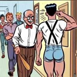 1:1 5boys accurate_art_style ai_generated archie_andrews archie_comics ass black_hair blonde_hair gay ginger kevin_keller male male_only matt_(artist) older_male reggie_mantle short_shorts tagme white_hair yaoi young