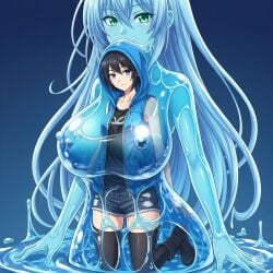 2girls ai_generated black_boots black_hair black_legwear black_shirt blue_eyes blue_hair blue_hoodie breasts cleavage female fusion green_eyes hair human_female large_breasts long medium_breasts nude ponytail short_hair sleeveless_shirt slime slime_girl transformation transformation_sequence