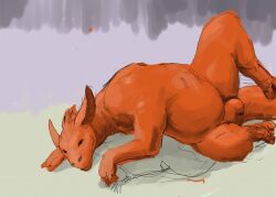 2011 animal_genitalia anthro balls belly colored dragon genitals guide_lines jeri_kleinlowe looking_at_viewer lying male musclegut muscular mythological_creature mythological_scalie mythology nude_male on_side overweight red_body scalie sheath simple_background smile smiling_at_viewer solo spread_legs spreading tail