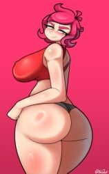 1girls 1nkdax artist_name ass black_panties black_underwear blush breasts covered_nipples female large_ass large_breasts looking_back original original_character panties pink_background pink_hair short_hair simple_background solo solo_female solo_focus thick_thighs thighs underwear yellow_eyes