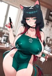 ai_generated animal_ear_fluff animal_ears apron artist_name bare_shoulders black_choker black_hair blunt_bangs blurry blurry_background blush breasts cat_ears cat_girl cat_tail choker cleavage closed_mouth collarbone covered_nipples cup curvy disposable_cup female gradient_hair green_apron green_eyes holding holding_cup holding_pen huge_breasts indoors jane_doe_(zenless_zone_zero) just_pepel lactation lactation_through_clothes long_hair looking_at_viewer marker meme multicolored_hair naked_apron pen red_hair red_nails smile solo tail thighs twitter_username wide_hips zenless_zone_zero