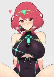 1girls after_paizuri after_sex bare_shoulders blush breasts butter-t cum cum_bridge cum_on_body cum_on_breasts cum_on_upper_body cum_string cum_through_clothes eyebrows_visible_through_hair female gem hair_ornament headpiece heart one-piece_swimsuit paizuri paizuri_under_clothes pyra red_eyes red_hair short_hair simple_background solo spread_legs steam sweat swimsuit tiara xenoblade_(series) xenoblade_chronicles_2