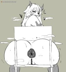 ass ass_focus asshole back_view big_ass breasts bubble_ass chair character_request commission demon demon_girl demon_horns female horns milileonaorochi original original_character puffy_nipples pussy rubber seductive_look seductive_smile sitting sitting_on_chair sketch small_breasts smiling uwu_mili_uwu