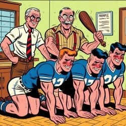 1:1 5boys accurate_art_style age_difference ai_generated archie_andrews archie_comics black_hair blush blush_lines football football_uniform formal_wear fully_clothed gay ginger glasses male male_only matt_(artist) older_male principal spanking student tagme white_hair yaoi young