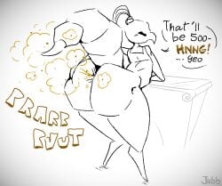 2022 anthro anus arthropod arthropod_abdomen artist_name ass barely_visible_anus big_butt blush blush_lines bottomless butt_dimples clothed clothing dialogue english_text fart fart_cloud fart_fetish female grunting hand_on_butt hollow_knight iselda_(hollow_knight) jubb leaning leaning_forward leaning_on_table looking_at_viewer looking_back looking_back_at_viewer orange_fart_cloud presenting presenting_hindquarters solo speech_bubble spread_butt spreading talking_to_viewer team_cherry text
