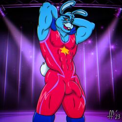 2023 anthro biped black_nose blue_body blue_fur blue_hair buckteeth bulge detailed_bulge digital_drawing_(artwork) digital_media_(artwork) ear_piercing ear_ring fabfelipe five_nights_at_freddy&#039;s five_nights_at_freddy&#039;s:_security_breach fur genital_outline glamrock_bonnie_(fnaf) hair hands_behind_head hi_res lagomorph leporid male mammal muscular muscular_anthro muscular_male nipples open_mouth open_smile pecs penis penis_outline piercing rabbit red_eyes ring_piercing scottgames scut_tail short_tail smile solo steel_wool_studios tail teeth tongue whiskers