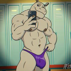 1:1 2023 abs anthro biped bulge cellphone closed_smile clothed clothing clothing_pull common_hippopotamus detailed_bulge digital_drawing_(artwork) digital_media_(artwork) electronics fabfelipe fingernails grey_body grey_skin hi_res hippopotamid holding_cellphone holding_object holding_phone holding_smartphone locker locker_room male mammal mouth_closed muscular muscular_anthro muscular_male nails navel nipples pecs phone pinup pose purple_clothing purple_thong purple_underwear smartphone smile solo thong thong_only thong_pull topless underwear underwear_only underwear_pull