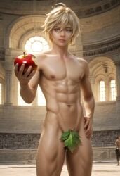 3d adam_(record_of_ragnarok) adam_(shuumatsu_no_valkyrie) ai ai_art ai_assisted ai_generated apple bitten_apple blonde_hair blue_eyes convenient_censoring covered_crotch gay hand_on_hip holding_apple leaf leaf_censor leaf_on_crotch male male_focus male_only naked record_of_ragnarok shuumatsu_no_valkyrie solo_male toned toned_body toned_male
