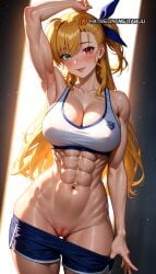 ai_generated armpits blonde_hair blush breasts cleavage cleft_of_venus clothes_pull collarbone curvy female hair_ribbon heterochromia large_breasts lips long_hair looking_at_viewer lyrical_nanoha mahou_shoujo_lyrical_nanoha_strikers mahou_shoujo_lyrical_nanoha_vivid meitabuu mole muscular navel pulled_by_self pussy pussy_peek red_eyes ribbon seductive_smile shorts_pull smile solo standing stomach thighs toned uncensored vivio wide_hips