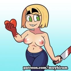 belly_button big_areola big_breasts big_nipples big_thighs big_waist blonde_hair blood_on_hand blood_on_knife blue_background breasts breasts_out buck_teeth buckteeth bushy_eyebrows cyan_background female_only gradient_background green_eyes heart hennah holding_heart holding_knife jeans knife looking_away muyhiram oiled_breasts pants pants_only shiny_breasts short_hair smiling topless white_background