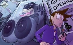 1boy 1girls against_glass anthro behind_glass big_breasts black_body black_fur black_hair breast_squeeze breast_squish breasts breasts_against_glass breasts_bigger_than_head city city_background clothed_male dialogue dialogue_bubble ears expansion female furry giantess giantess_growth glass_wall growth heart-shaped_pupils heart_eyes horny horny_female hourglass_figure hourglass_figured_female hyper hyper_breasts in_heat long_hair macro macro_female mal0 male malo monster_girl naked naked_female nipple_piercing nipples nude nude_female open_mouth pacheco phone pierced_nipples reflection scp-1471 scp-1471-a scp_foundation sharp_teeth size_difference size_transformation skull_head tongue tongue_out wide_hips wolf wolf_girl