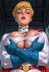 ai_generated arms_crossed big_breasts blonde_hair breasts cleavage close-up covered_nipples dc_comics face_focus female holding_breast huge_breasts kara_zor-l karen_starr leotard nipples power_girl power_girl_(public_enemies) short_hair superman/batman:_public_enemies troythekid