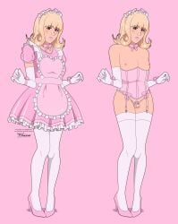 1boy 2d absurdres artist_name artist_signature balls blonde_hair brown_eyes chastity chastity_cage chastity_device color colored_chastity_cage corset crossdressing femboy femboy_only garter_straps gloves high_heels highres long_gloves long_hair maid maid_apron maid_headdress maid_uniform male male_only multiple_views nipples original pink_background pink_corset pink_dress pink_horizons pink_shoes shoes simple_background sissy solo stockings testicles trap web_address white_gloves white_stockings