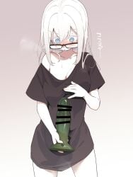 asutora asutora-chan bar_censor black-framed_eyewear black_shirt blue_eyes breasts brown_background censored commentary dildo female glasses gradient_background highres holding holding_sex_toy medium_breasts medium_hair mole mole_under_eye original sex_toy shirt short_sleeves single_off_shoulder solo t-shirt translated white_hair