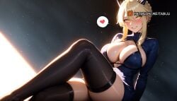 ai_generated artoria_pendragon artoria_pendragon_(fate) artoria_pendragon_(lancer_alter)_(fate) blonde_hair blush braid breasts cleavage cleavage_cutout clothing_cutout fate/grand_order female grin hair_between_eyes heart horns large_breasts long_hair looking_at_viewer meitabuu open_clothes sidelocks sitting smile solo spoken_heart teeth thighs yellow_eyes zettai_ryouiki