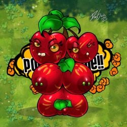 breasts cherry cherry_bomb_(pvz) colored_skin dgrex2n erect_nipples female freckles freckles_on_body freckles_on_breasts freckles_on_face freckles_on_shoulders fruit fruit_humanoid grass green_eyes ground large_breasts leaf_hair looking_at_viewer marks_on_body multiple_girls navel nipples pierced_nipples piercing plant plant_girl plants_vs_zombies pubic_hair pussy red_skin spread_legs teeth