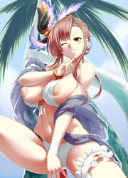 areolae bangs bar_censor bikini blush breasts brown_hair censored cowgirl_position female finger_to_mouth granblue_fantasy guided_penetration hair_ornament highres imminent_sex imminent_vaginal large_areolae large_breasts leg_garter looking_at_viewer navel nipple_slip nipples one_eye_closed palm_tree parted_lips penis puffy_nipples shawl short_hair shushing smile solo solo_focus song_(granblue_fantasy) swimsuit tree tro white_bikini yellow_eyes