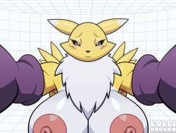 animated areolae big_breasts buchukisu digimon digimon_(species) furry gigantic_breasts kiss_pov kissing lollipopcon nipples pov pov_kiss renamon smooch