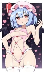 :o alternate_costume bat_wings black_wings blue_hair breasts female garter_straps hat highres long_hair looking_at_viewer medium_breasts mob_cap navel one-piece_swimsuit pink_hat pink_one-piece_swimsuit red_eyes remilia_scarlet rizento short_hair solo swimsuit thighhighs touhou white_garter_straps white_thighhighs wings