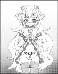 blush cat_and_rabbit demon_girl demon_horns detached_sleeves drawn elsword frown highres horns long_hair luciela_r._sourcream monochrome navel panties panty_pull pointy_ears pubic_tattoo pussy_juice pussy_juice_trail ribbon skirt skirt_lift star star-shaped_pupils symbol-shaped_pupils tattoo underwear