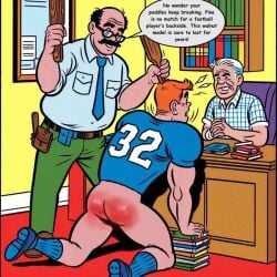 1:1 3boys accurate_art_style age_difference ai_generated archie_andrews archie_comics ass english_text football football_uniform gay ginger male male_only matt_(artist) older_male spank_marks speech_bubble tagme text yaoi young