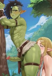 ai_generated balls big_penis black_eyes black_hair blonde_hair blush elf female femboy femboy_on_female forest green_skin hairy_balls jagat_ai large_penis male orc orc_male original original_character original_characters outdoors rimjob rimming smug straight sweat testicles undercut