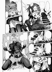 armor armored_dress bangs bar_censor black_dress censored comic commentary_request dress fate/grand_order fate_(series) fellatio gauntlets greyscale headpiece highres jeanne_alter monochrome oral panties penis short_hair thighhighs ulrich_(tagaragakuin) underwear