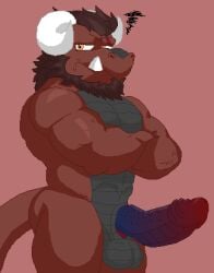 angry anthro balls beard digital_media_(artwork) dragon eye_scar facial_hair facial_scar frown frowning_at_viewer genitals hair hi_res horn humanoid knot knotted_penis looking_at_viewer male memphis_(password) monotone_background muscular muscular_male mythological_creature mythological_scalie mythology myuger nude password_(visual_novel) pecs penis pixel_(artwork) red_body scalie scar slit_penis solo tail tusks