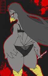 1girls ass avian beak big_butt bird blood bra breasts clarabellecrow clothing corvid crow female looking_at_viewer non-mammal_breasts red_eyes scalpel solo underwear